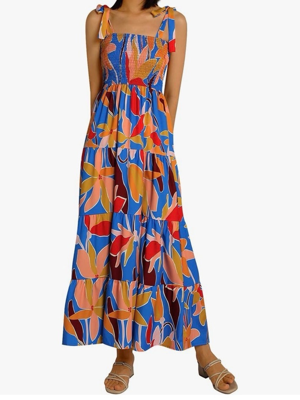 Sunday Up Blue Floral Tie Shoulder Smocked Tiered Maxi Sun Dress Size M Vacation
